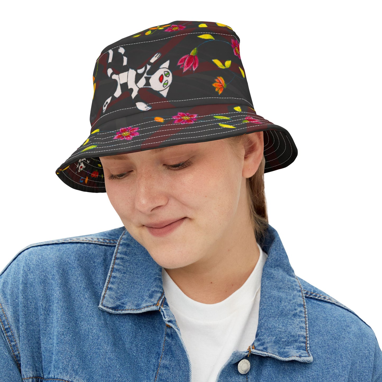 Bucket Hat (AOP) - Motiv: Katze fliegt, Ranken, schwarz