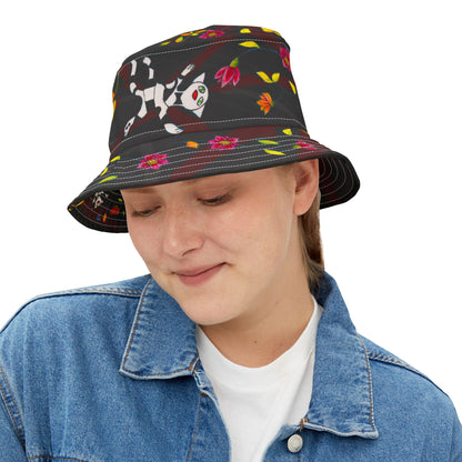 Bucket Hat (AOP) - Motiv: Katze fliegt, Ranken, schwarz