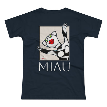 Single Jersey Women's T-shirt - dunkel - Motiv: Front Miau, H 15,3 cm, Rückseite Miau, H27,94 cm