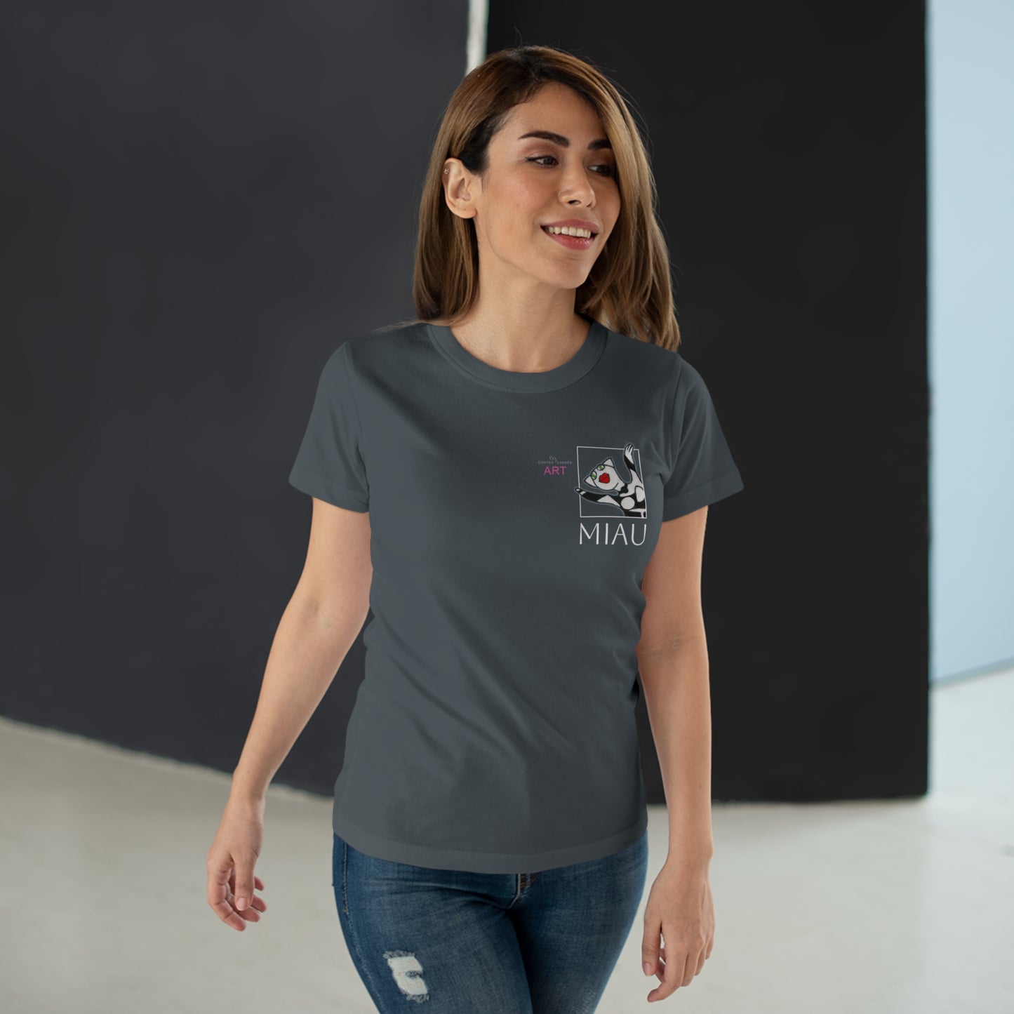 Single Jersey Women's T-shirt - dunkel - Motiv: Miau, H 9,7 cm