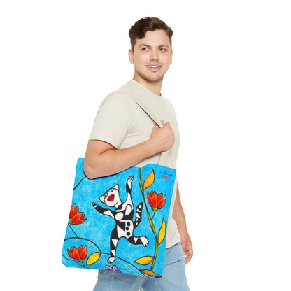 Tote Bag (AOP) - Motiv:  Front Katze springt, Rückseite  Katze springt, Blau, Ranken