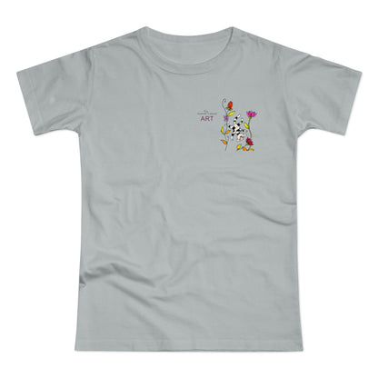 Single Jersey Women's T-shirt - hell - Motiv: Katze schwebt und Ranken, Vorderseite H 11 cm & Rückseite H 21,85 cm