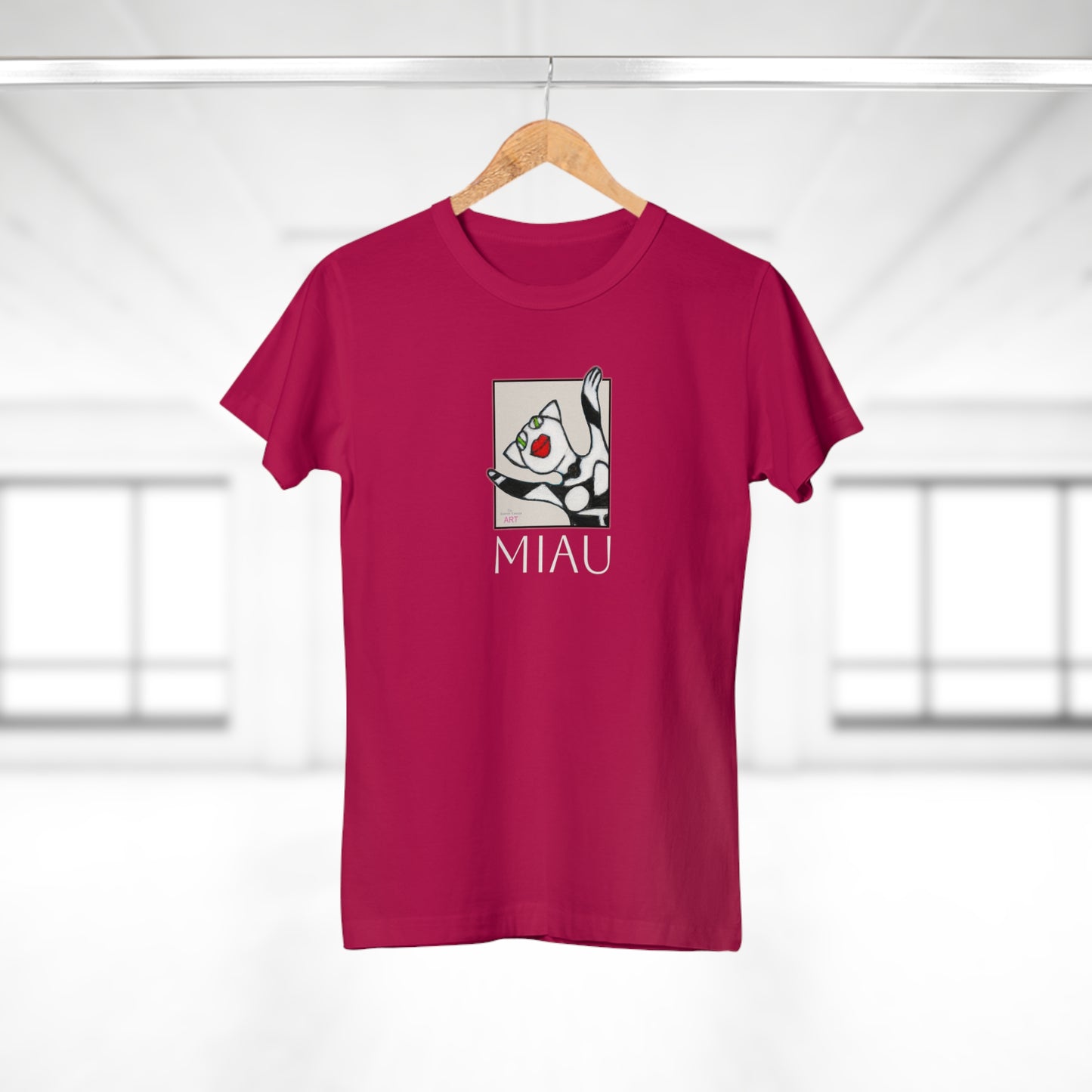 Single Jersey Women's T-shirt - dunkel - Motiv: Front Miau, H 15,3 cm, Rückseite Miau, H27,94 cm