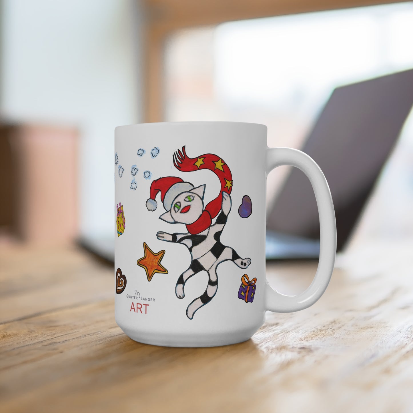 Ceramic Mug (EU) - Motiv:  Weihnachtskatze 3, Schneeflocken