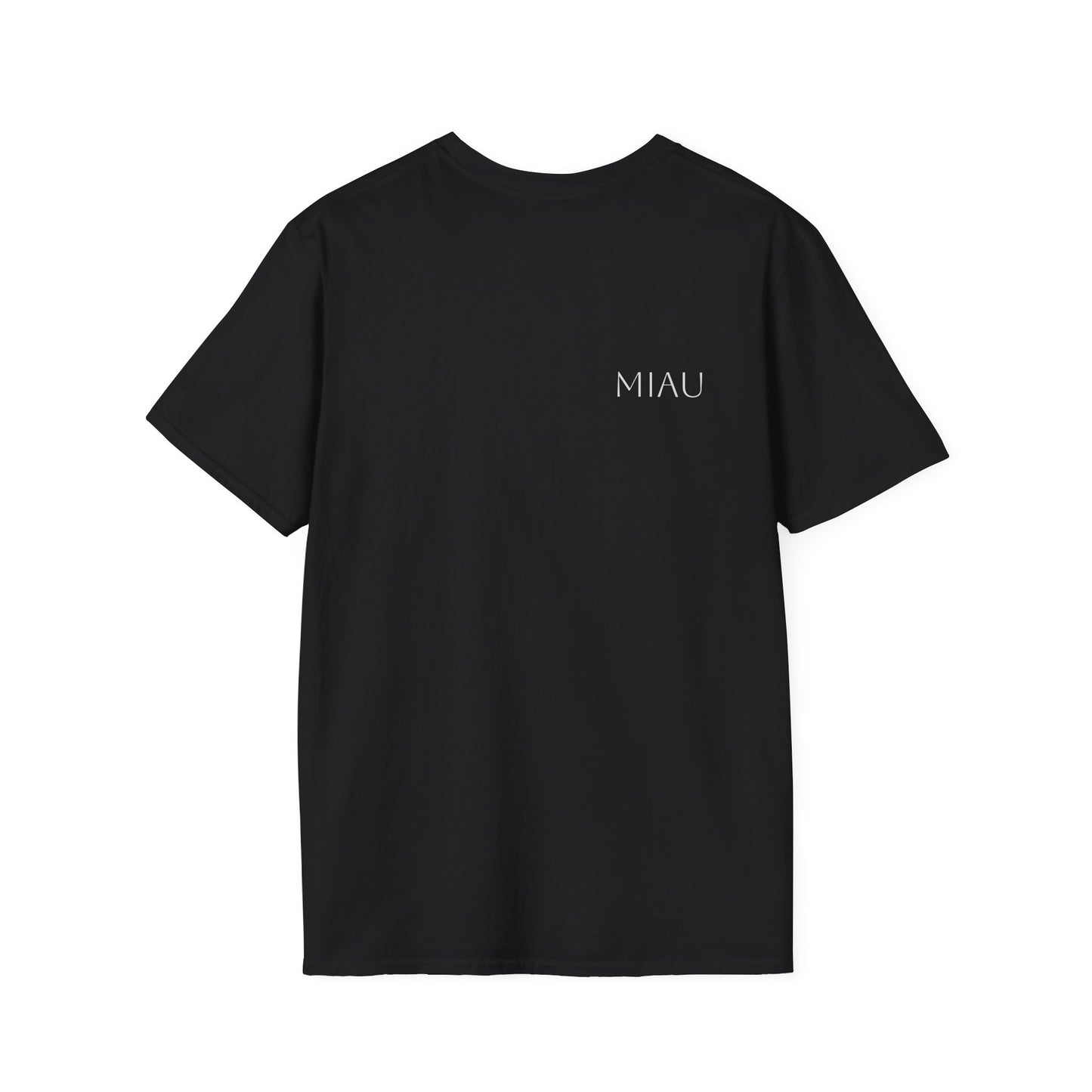 Unisex Softstyle T-Shirt - Motiv: Front, Katze schwebt, Ranken, Miau, H 11 cm, Mikado 3 & Rückseite Schrift Miau, N-Label
