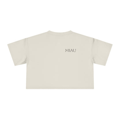 Women's Crop Tee - Motiv: Motiv: Front "Miau" klein, schwarz, H 8 cm, Rückseite "Miau"