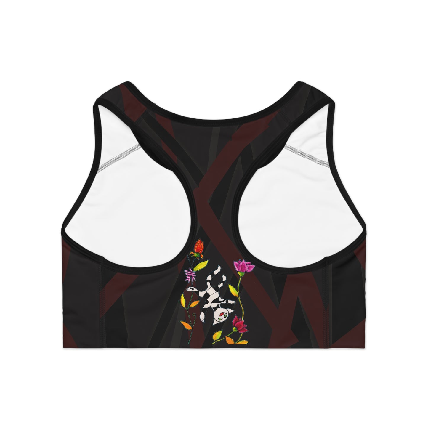 Sports Bra (AOP) - Motiv: Vorderseite Katze fliegt und Rückseite Katze fliegt, klein, Mikado schwarz