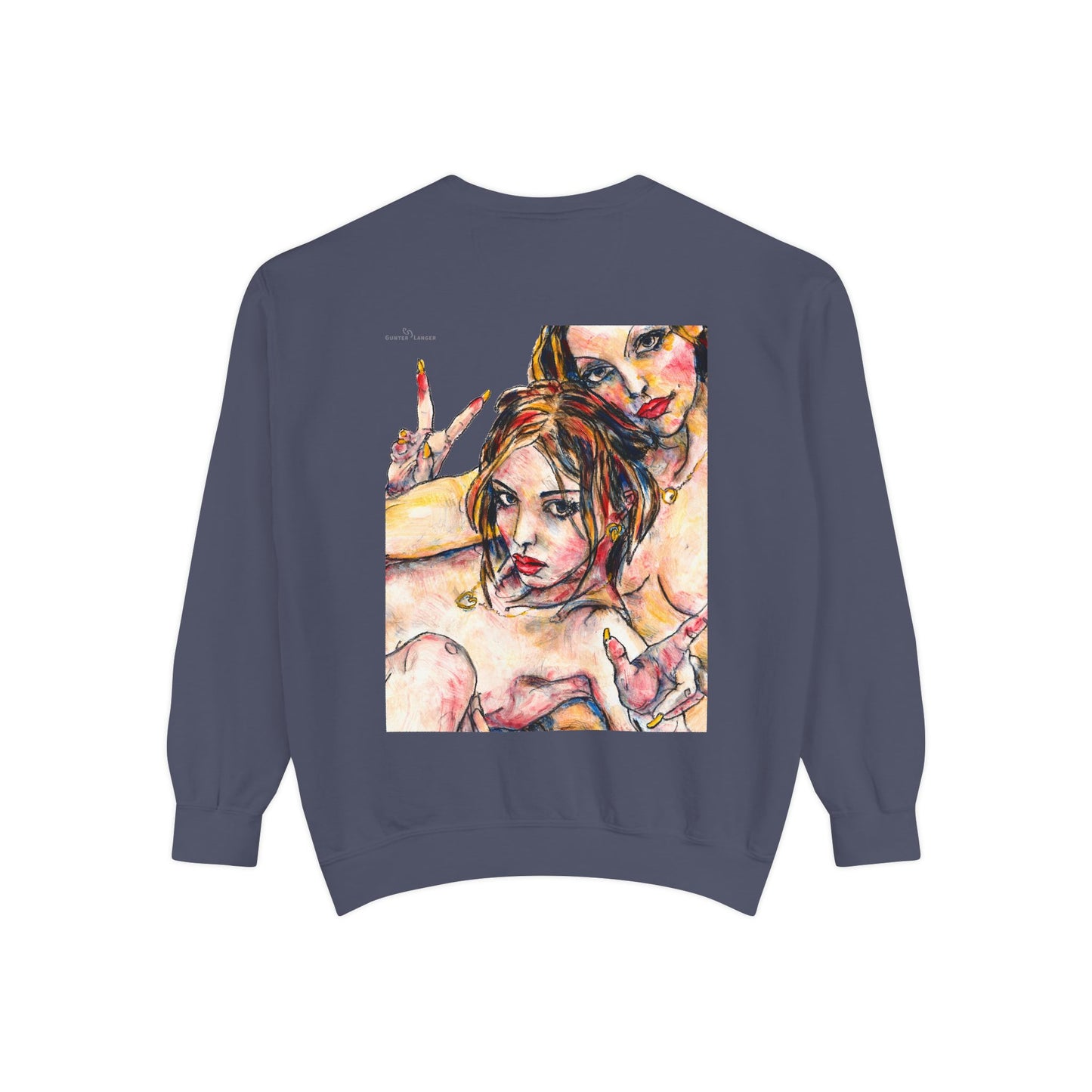 Unisex Garment-Dyed Sweatshirt - Motiv: Front Camilla (H 11,4 cm) & Rückseite Camilla / Leni, H 41 cm
