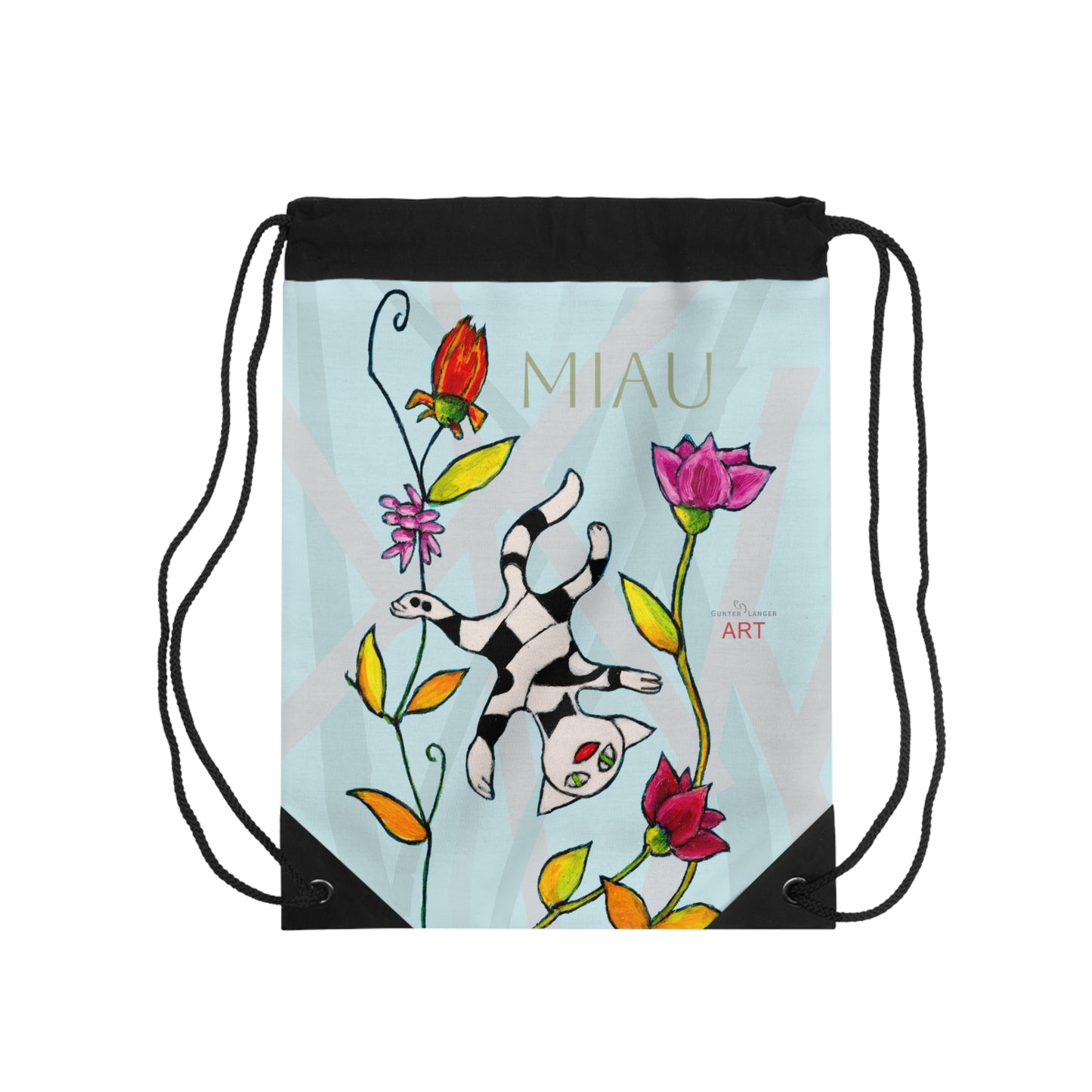 Drawstring Bag - Motiv: Vorderseite und Rückseite, Katze schwebt, Miau, blau, H 43 cm