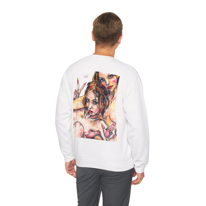 Unisex Heavy Blend™ Crewneck Sweatshirt - Motiv: Front Camilla (H 11,4 cm) & Rückseite Camilla / Leni, H 41 cm