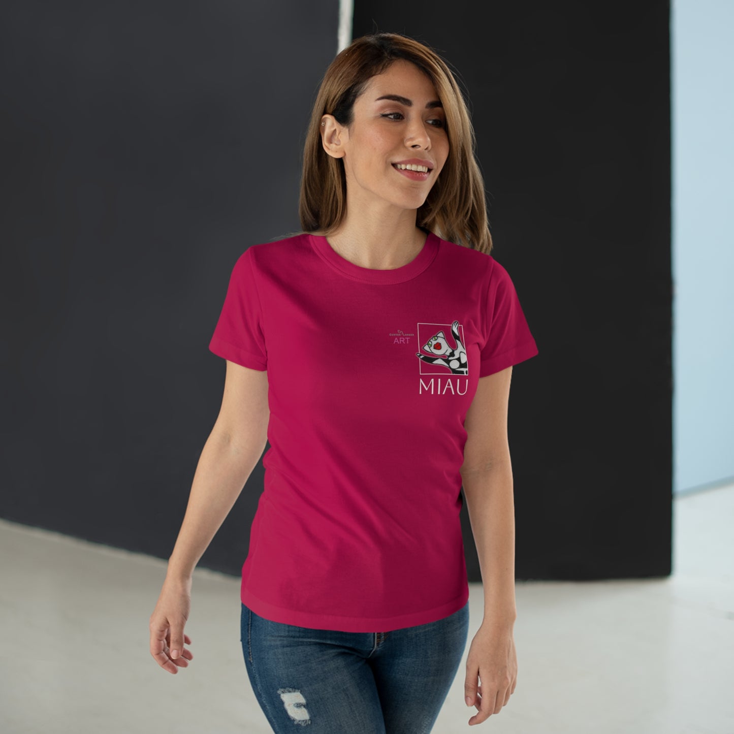 Single Jersey Women's T-shirt - dunkel - Motiv: Miau, H 9,7 cm