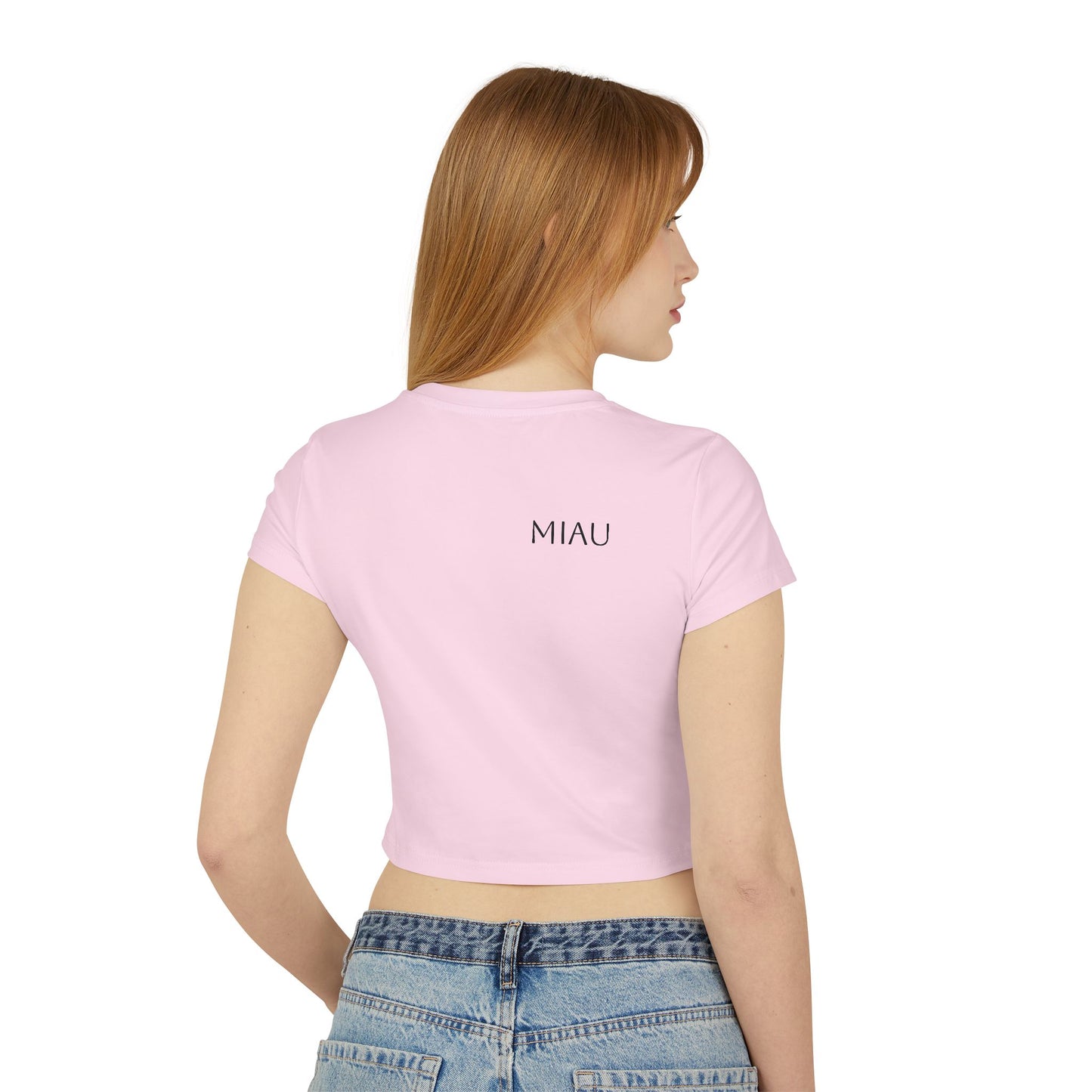 Women's Baby Tee - Motiv: Motiv: Front "Miau" klein, schwarz, H 8 cm, Rückseite "Miau"