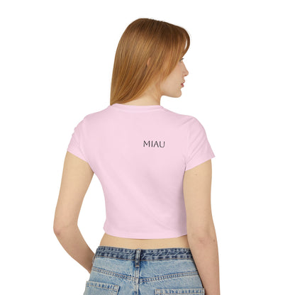 Women's Baby Tee - Motiv: Motiv: Front "Miau" klein, schwarz, H 8 cm, Rückseite "Miau"