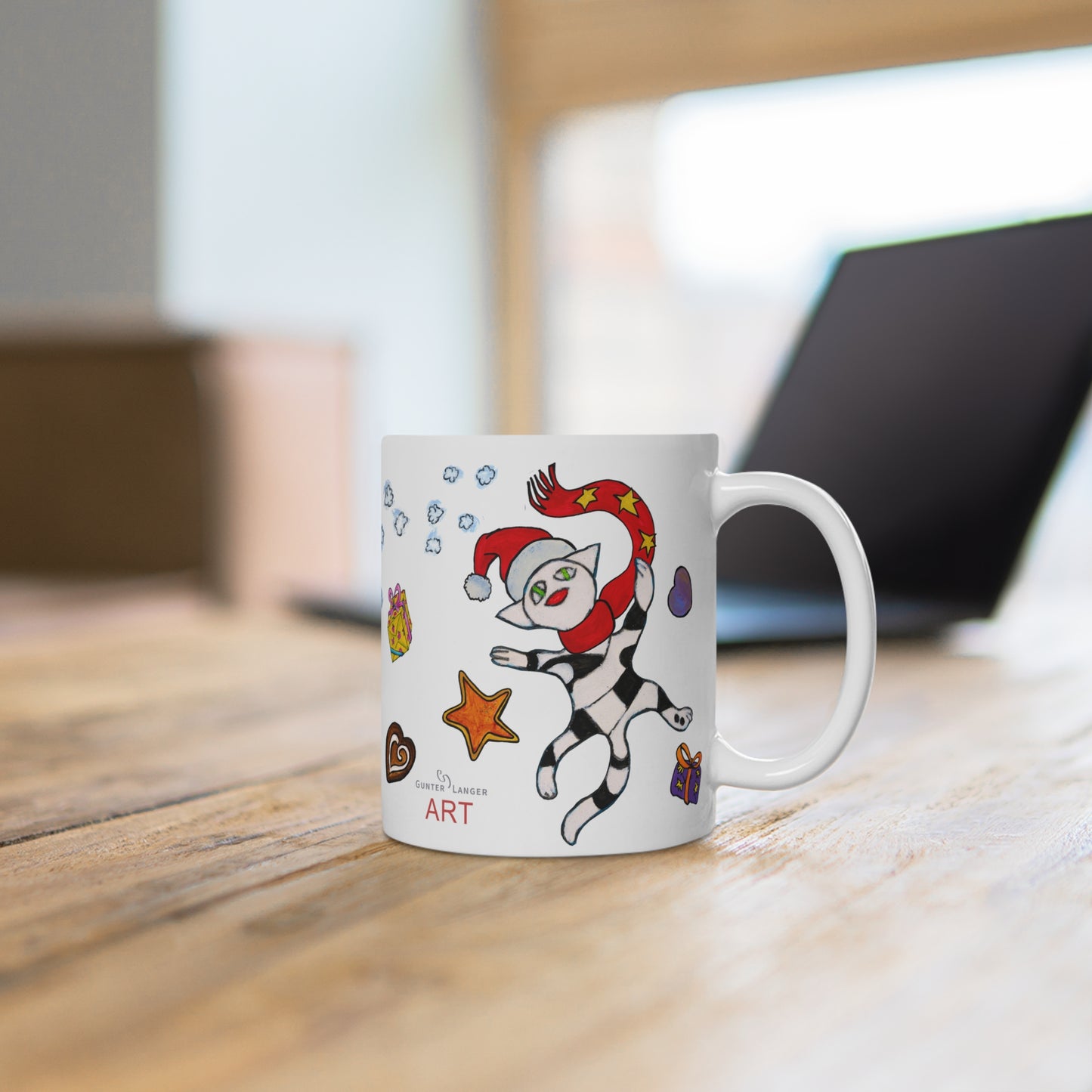 Ceramic Mug (EU) - Motiv:  Weihnachtskatze 3, Schneeflocken