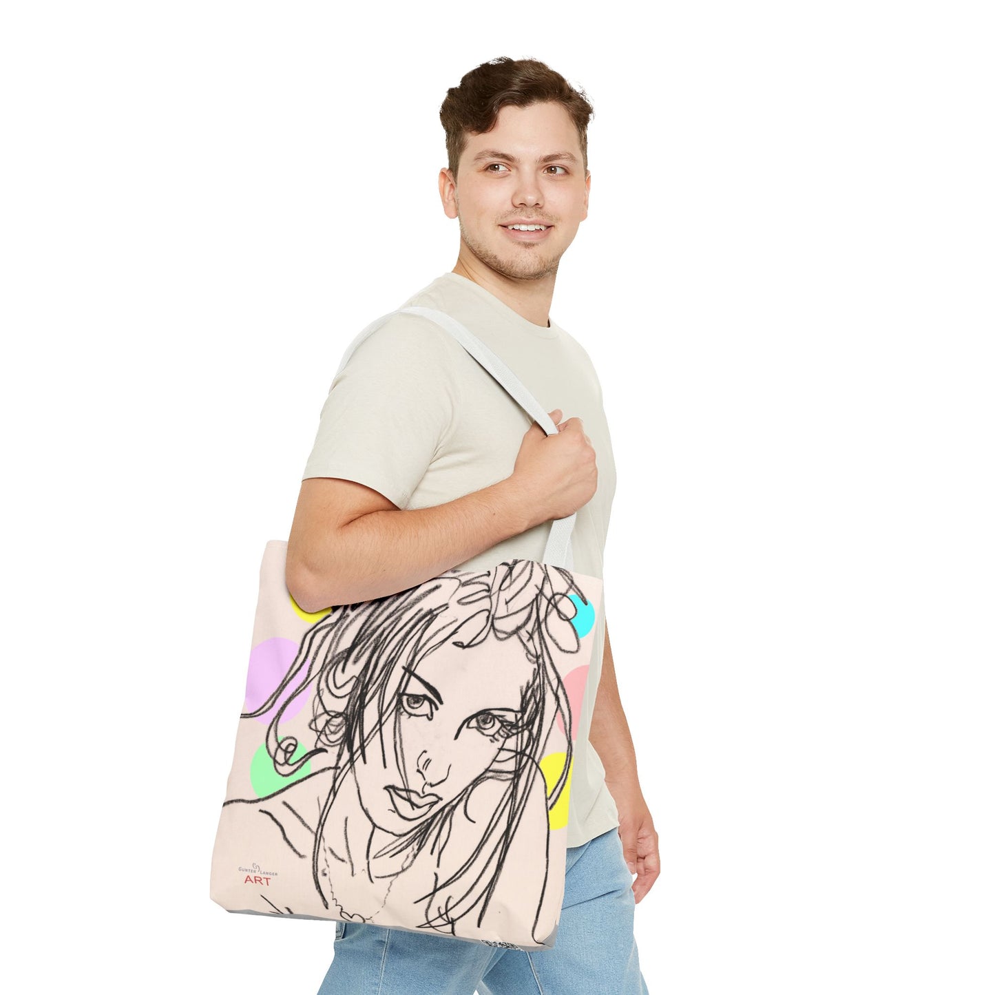 Tote Bag (AOP) - Motiv:  Front Rosalie & Rückseite Bea, Farbiger Hintergrund