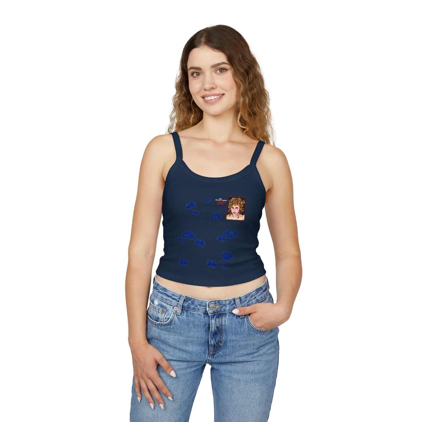 Women's Spaghetti Strap Tank Top - Motiv Front Antonietta, blaue Punkte & Rückseite Mikado