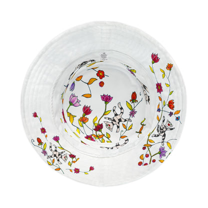 Bucket Hat (AOP) - Motiv: Katze fliegt, Ranken, Weiss