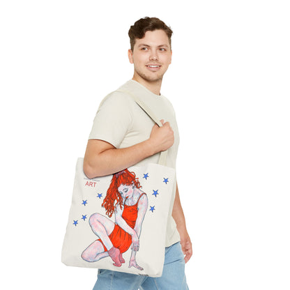Tote Bag (AOP) - Motiv: Front Julia & Rückseite Julia 41,44cm Beige, Blaue Sterne