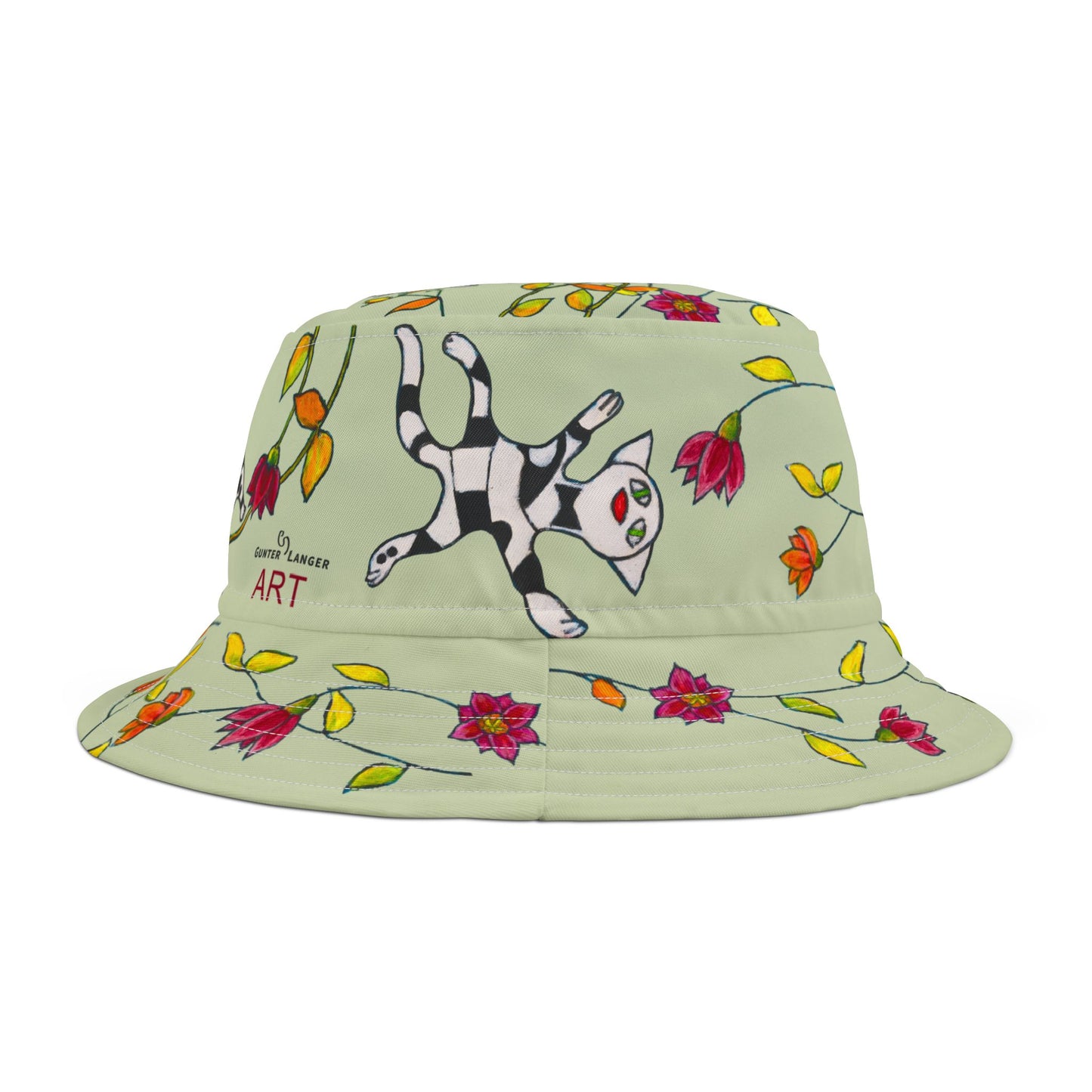 Bucket Hat (AOP) - Motiv: Katze fliegt, Ranken, grün
