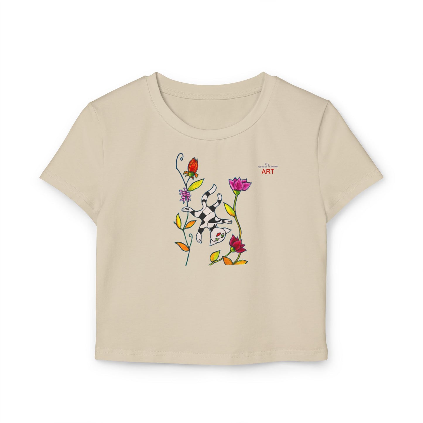 Women's Baby Tee - Motiv: Vorderseite und Rückseite, Katze schwebt & Ranken H 35 cm