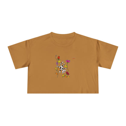 Women's Crop Tee - Motiv: Vorderseite H17,5 cm & Rückseite H26,5 cm, Katze schwebt & Ranken