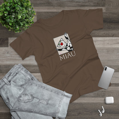 Single Jersey Women's T-shirt - dunkel - Motiv: Front Miau, H 15,3 cm, Rückseite Miau, H27,94 cm