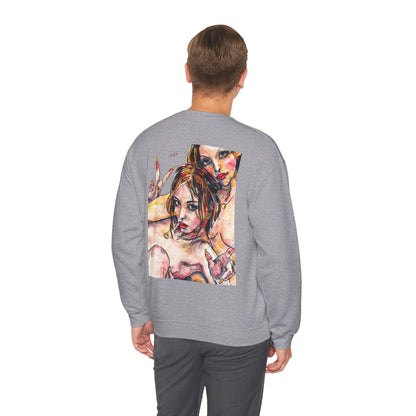 Unisex Heavy Blend™ Crewneck Sweatshirt - Motiv: Front Camilla (H 11,4 cm) & Rückseite Camilla / Leni, H 41 cm