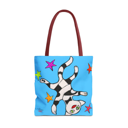 Tote Bag (AOP) - Motiv:  Front Katze schwebt & Rückseite  Katze schwebt, Blau, Sterne
