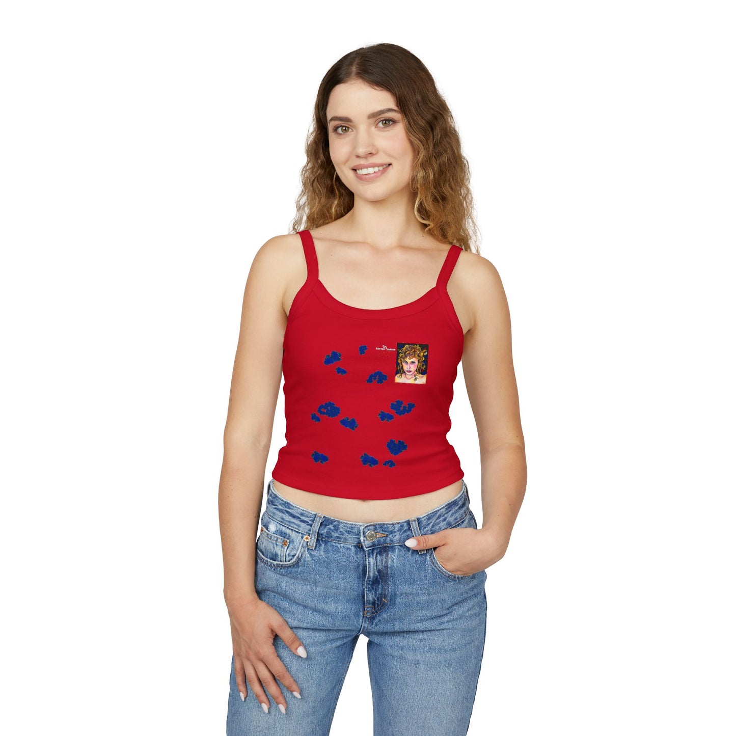 Women's Spaghetti Strap Tank Top - Motiv Front Antonietta, blaue Punkte & Rückseite Mikado