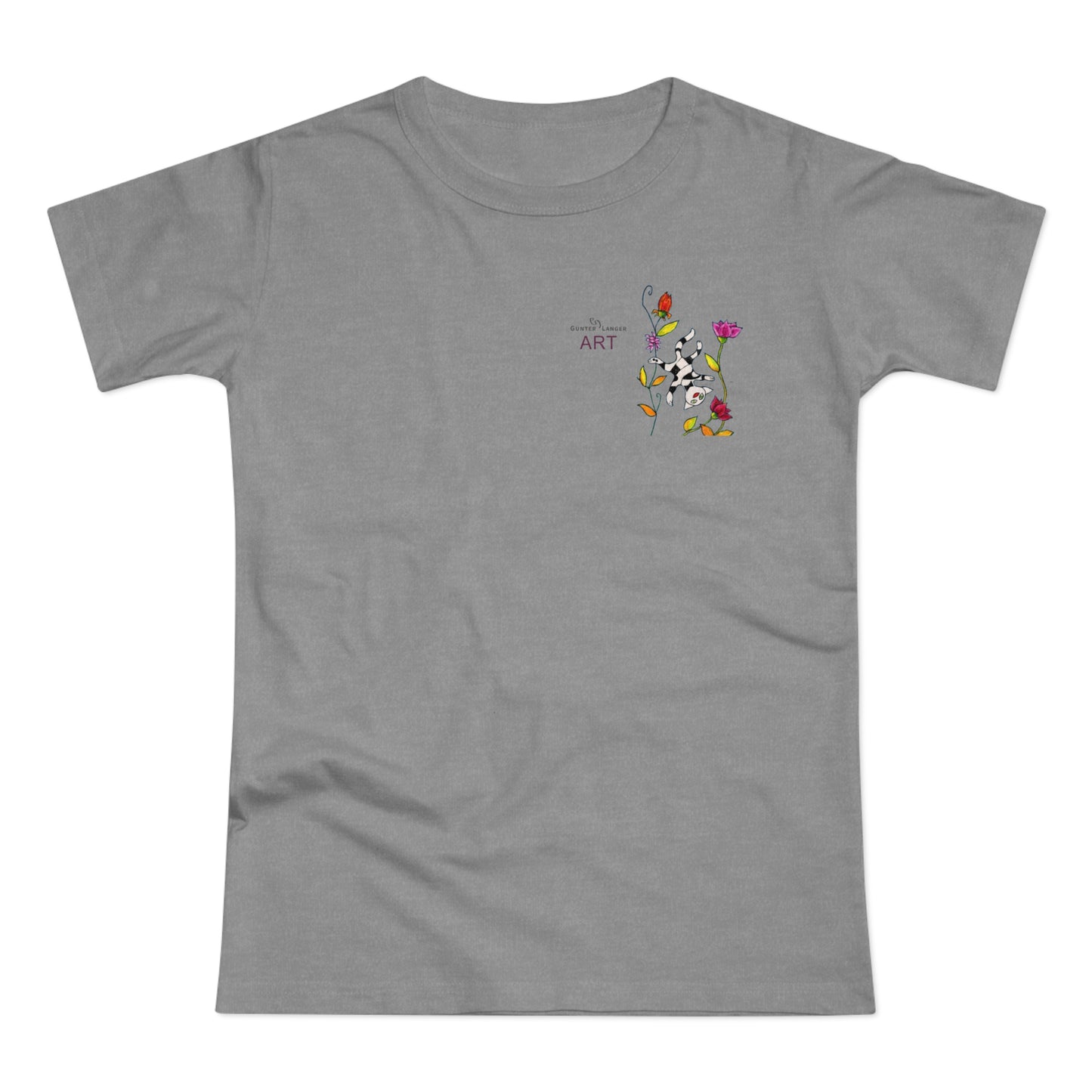 Single Jersey Women's T-shirt - hell - Motiv: Katze schwebt und Ranken, Vorderseite H 11 cm & Rückseite H 21,85 cm