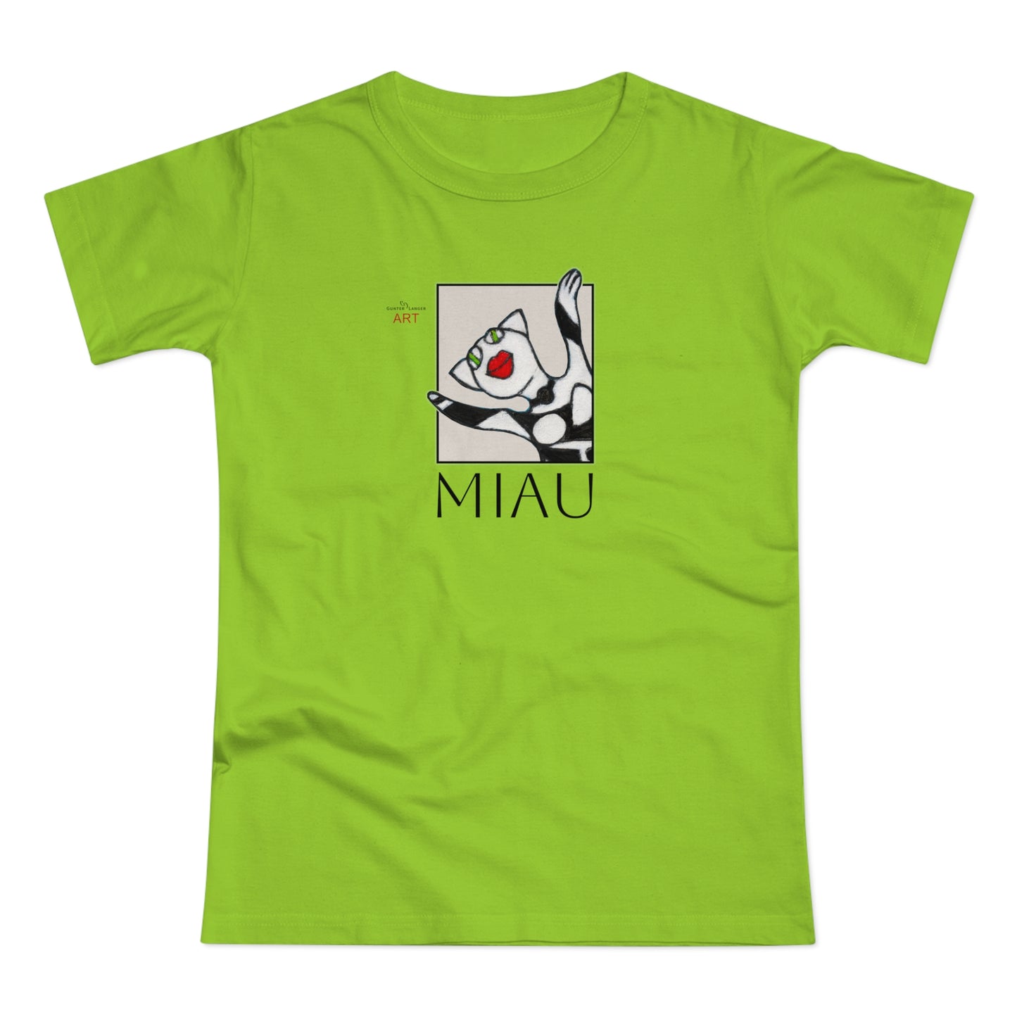 Single Jersey Women's T-shirt - hell - Motiv: Front Miau, H 15,3 cm, Rückseite Miau, H27,94 cm