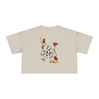 Women's Crop Tee - Motiv: Vorderseite H17,5 cm & Rückseite H26,5 cm, Katze schwebt & Ranken