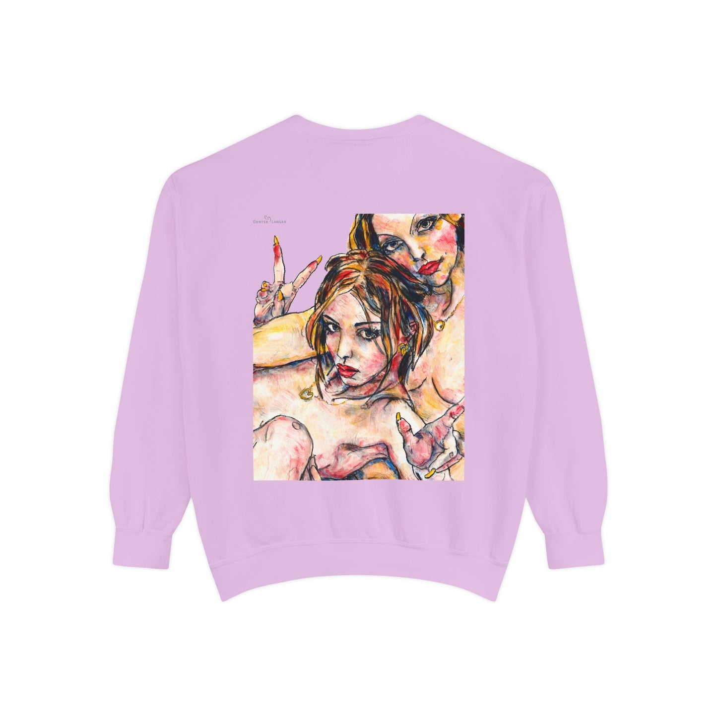 Unisex Garment-Dyed Sweatshirt - Motiv: Front Camilla (H 11,4 cm) & Rückseite Camilla / Leni, H 41 cm