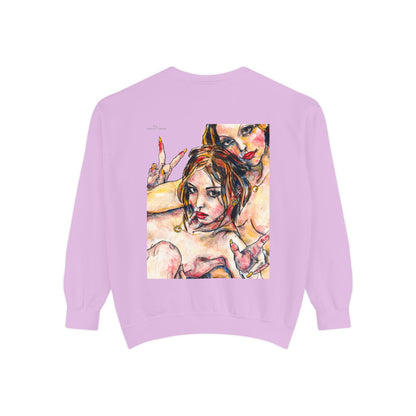 Unisex Garment-Dyed Sweatshirt - Motiv: Front Camilla (H 11,4 cm) & Rückseite Camilla / Leni, H 41 cm