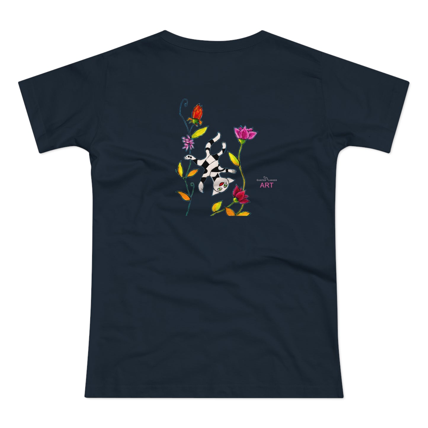 Single Jersey Women's T-shirt - dunkel - Motiv: Katze schwebt und Ranken, Vorderseite H 11 cm & Rückseite H 21,85 cm