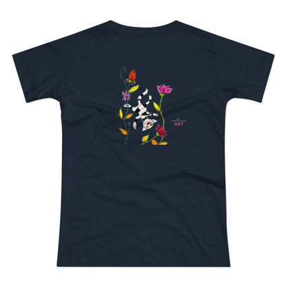 Single Jersey Women's T-shirt - dunkel - Motiv: Katze schwebt und Ranken, Vorderseite H 11 cm & Rückseite H 21,85 cm