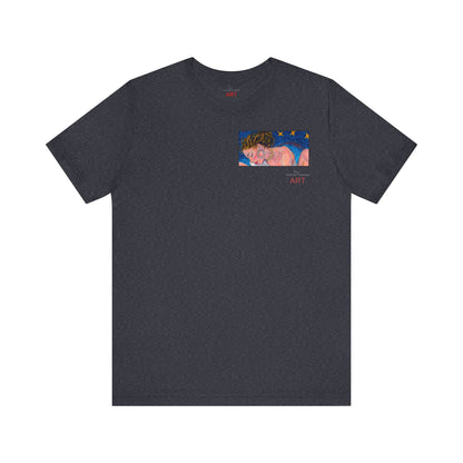 Unisex Jersey Short Sleeve Tee - Motiv: Front Alva (Ausschnitt H 7,8 cm) & Rückseite Alva, H 41 cm, Neck Label