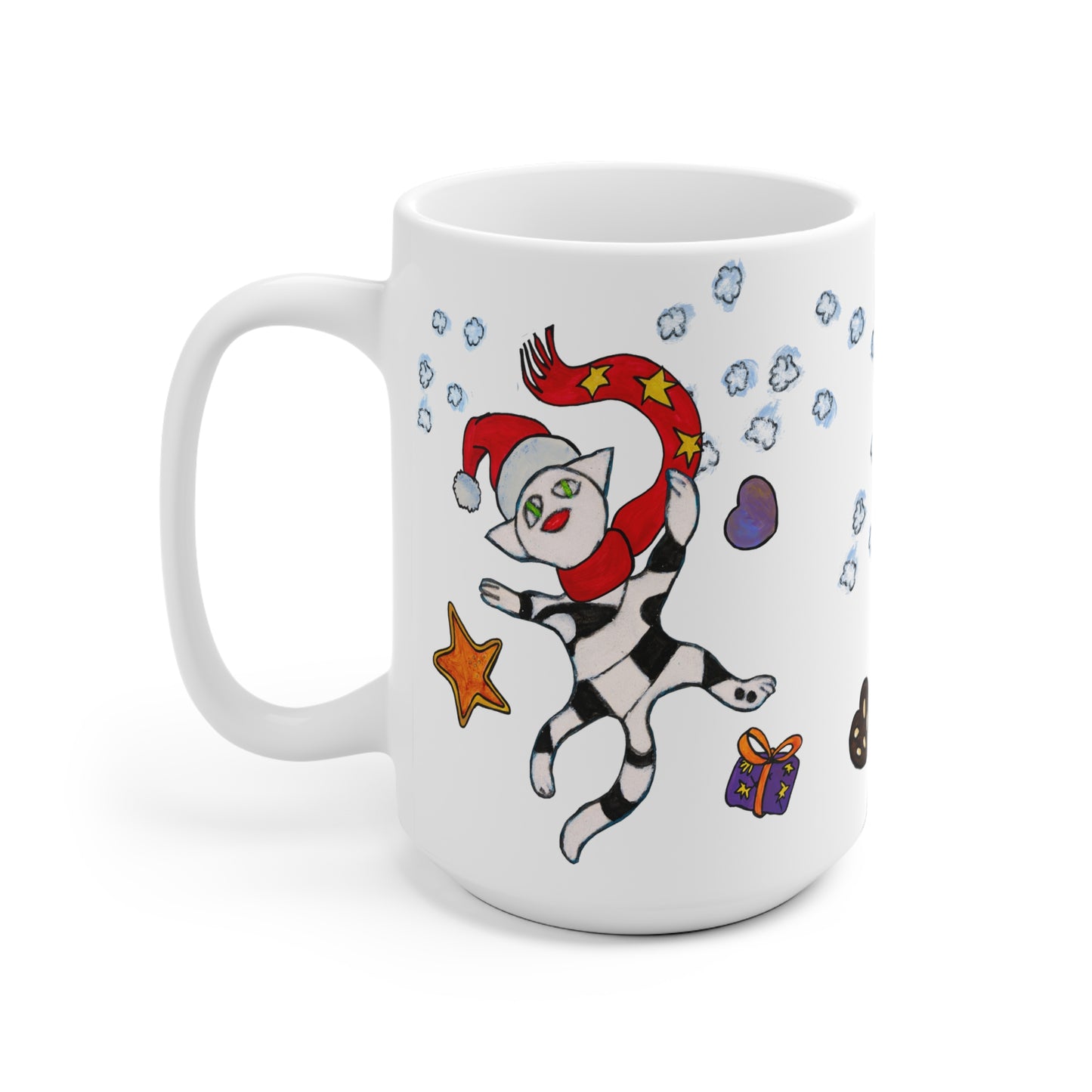 Ceramic Mug (EU) - Motiv:  Weihnachtskatze 3, Schneeflocken