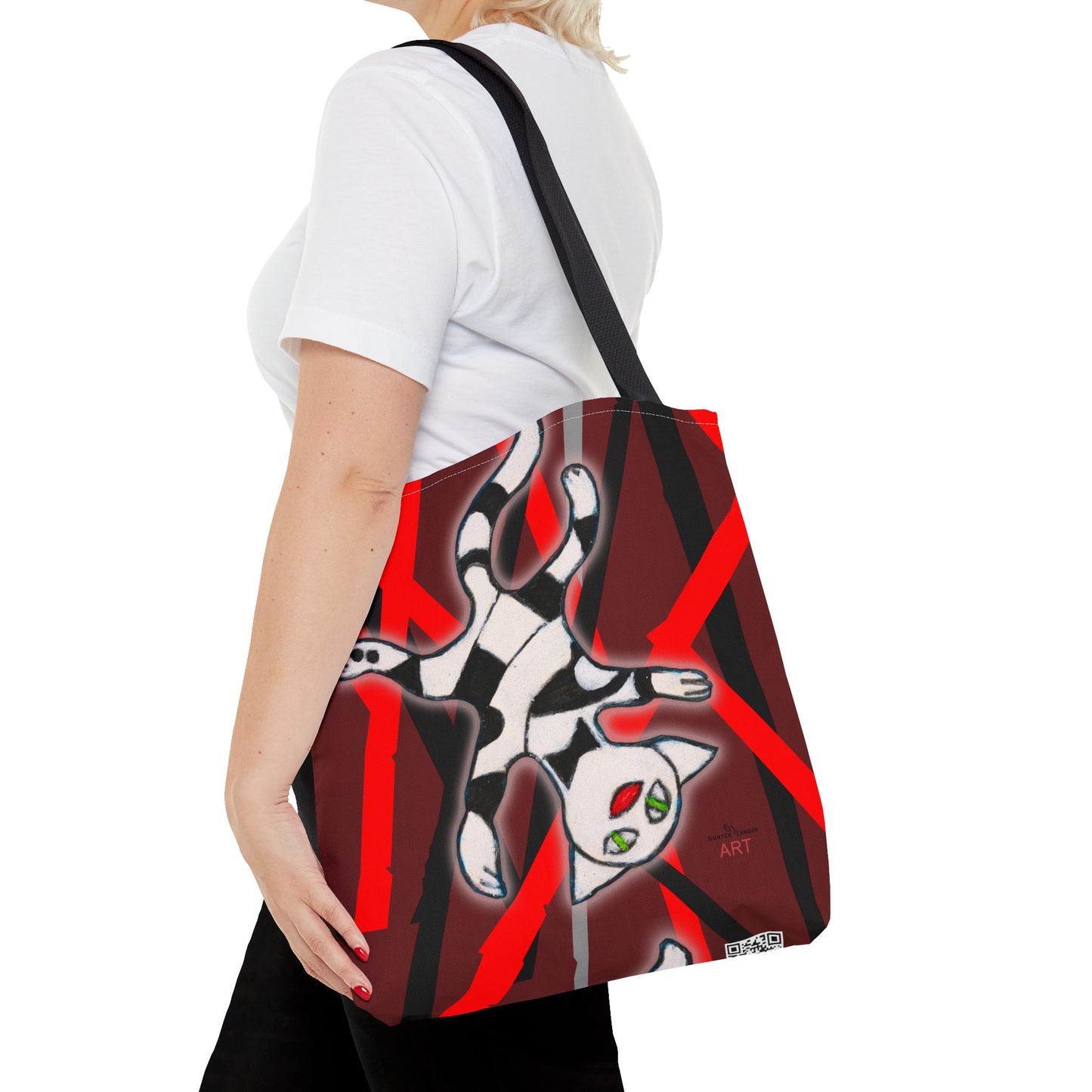 Tote Bag (AOP) - Motiv: Mikado Rot, mit Katze schwebt