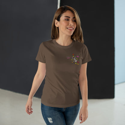 Single Jersey Women's T-shirt - dunkel - Motiv: Katze schwebt und Ranken, Vorderseite H 11 cm & Rückseite H 21,85 cm