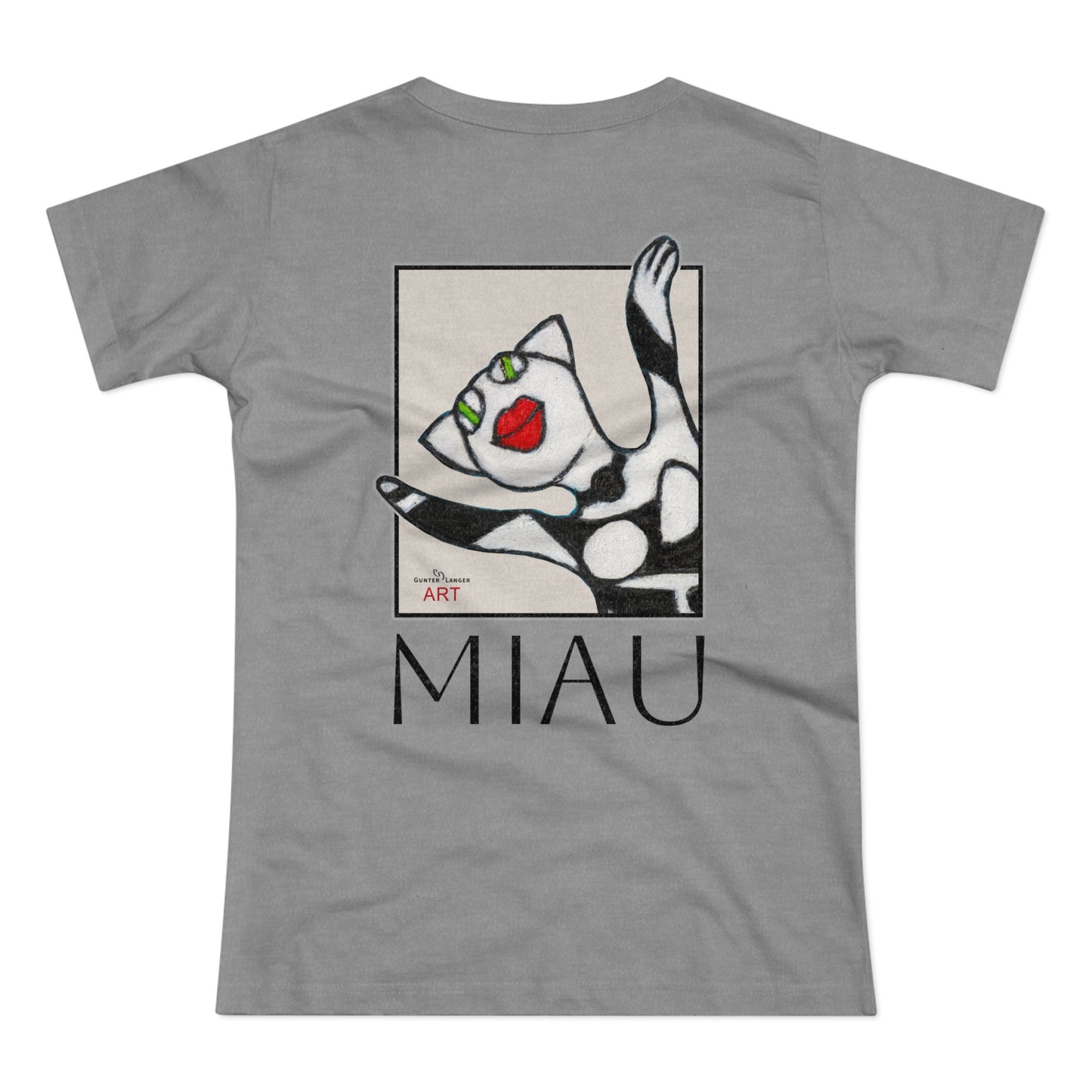 Single Jersey Women's T-shirt - hell - Motiv: Front Miau, H 15,3 cm, Rückseite Miau, H27,94 cm