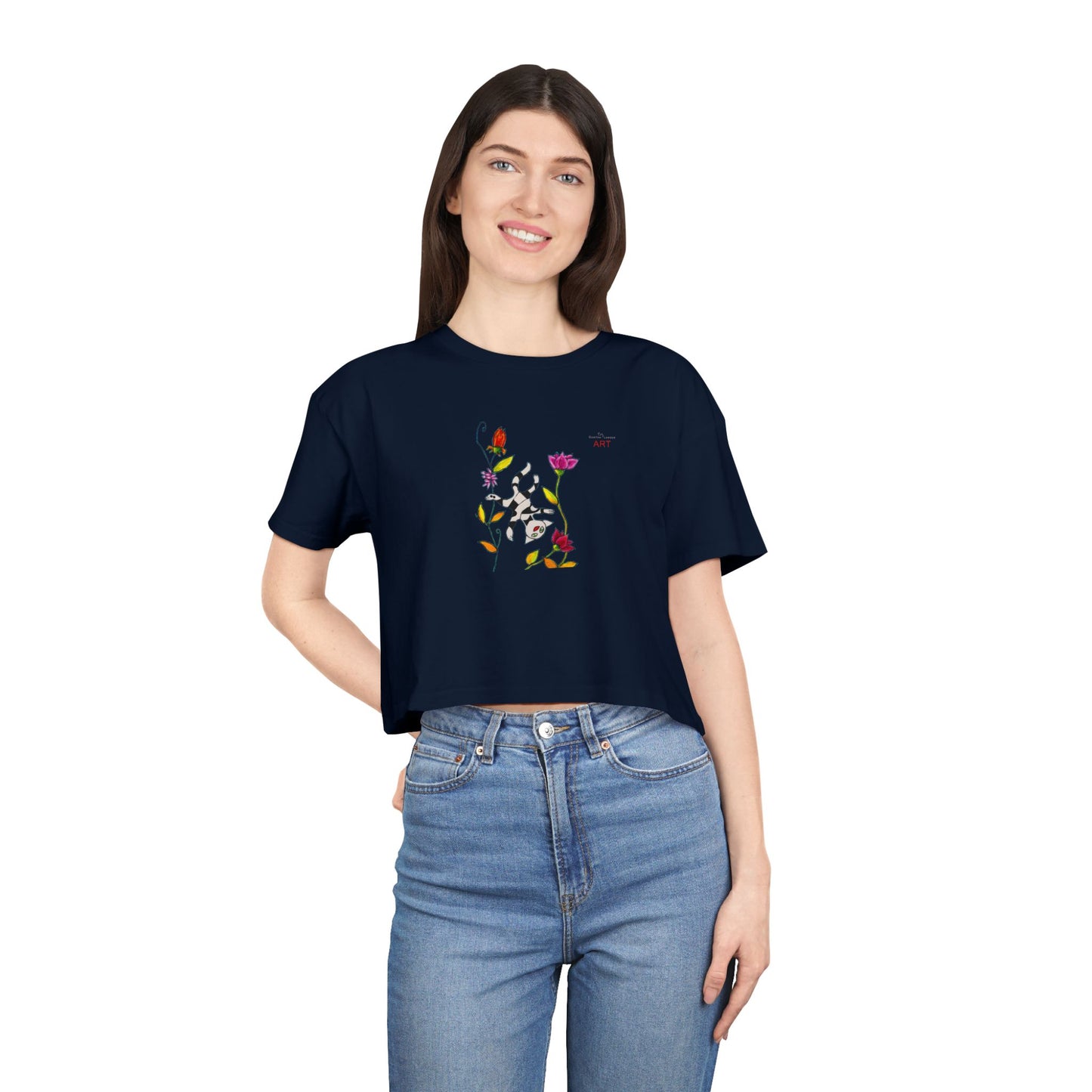 Women's Crop Tee - Motiv: Vorderseite H17,5 cm & Rückseite H26,5 cm, Katze schwebt & Ranken