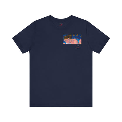 Unisex Jersey Short Sleeve Tee - Motiv: Front Alva (Ausschnitt H 7,8 cm) & Rückseite Alva, H 41 cm, Neck Label