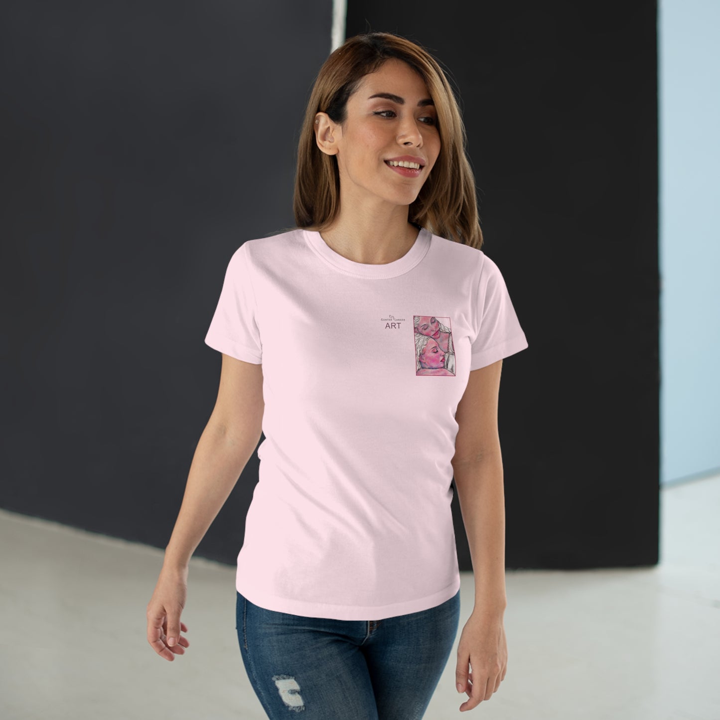 Single Jersey Women's T-shirt - hell - Motiv: Zuflucht, Ausschnitt, H 10 cm