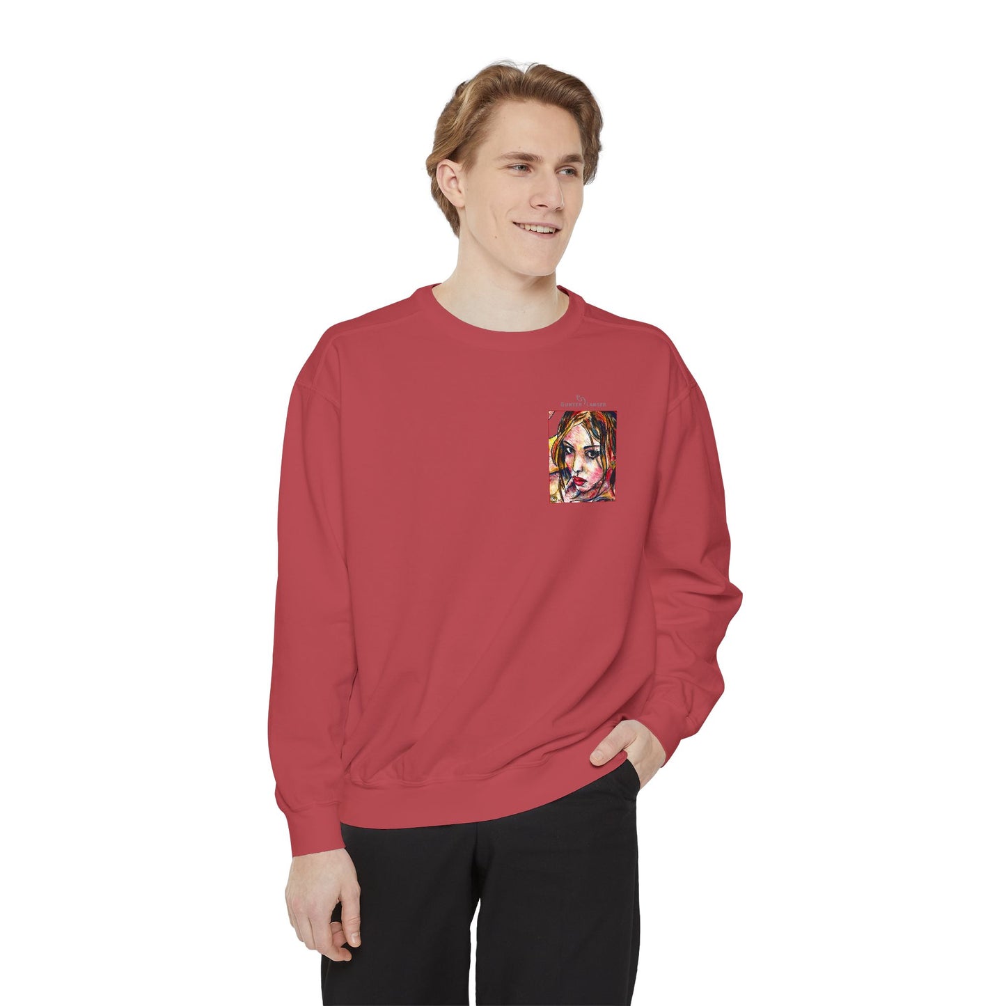 Unisex Garment-Dyed Sweatshirt - Motiv: Front Camilla (H 11,4 cm) & Rückseite Camilla / Leni, H 41 cm
