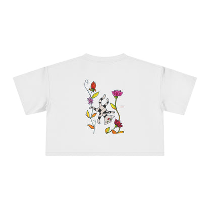 Women's Crop Tee - Motiv: Vorderseite H17,5 cm & Rückseite H26,5 cm, Katze schwebt & Ranken