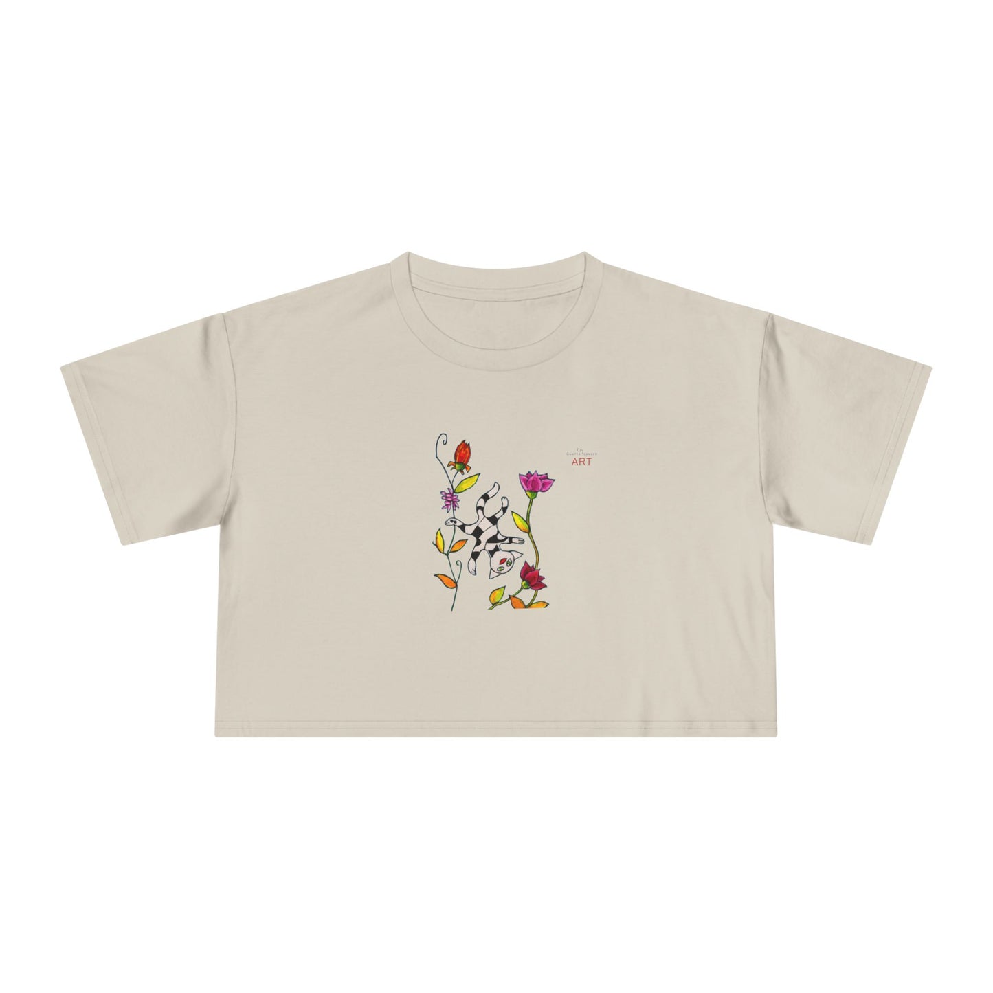 Women's Crop Tee - Motiv: Vorderseite H17,5 cm & Rückseite H26,5 cm, Katze schwebt & Ranken