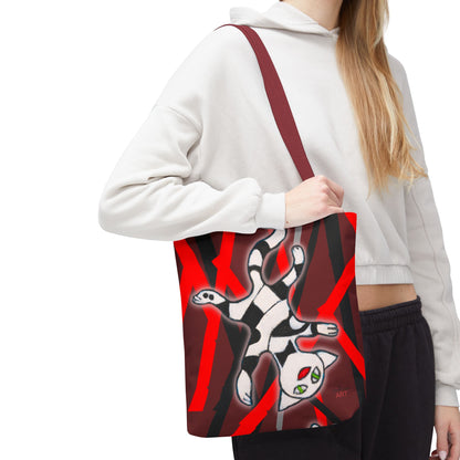 Tote Bag (AOP) - Motiv: Mikado Rot, mit Katze schwebt