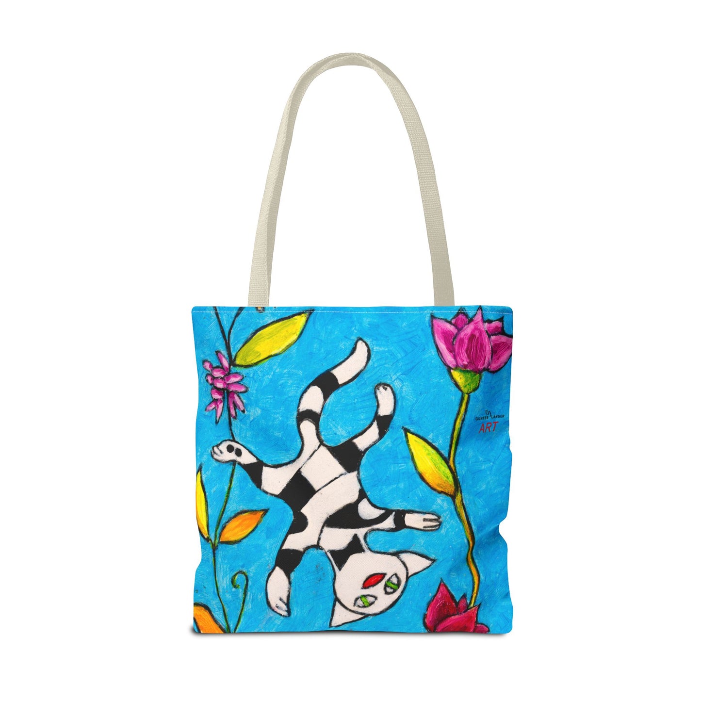 Tote Bag (AOP) - Motiv:  Front Katze schwebt, Rückseite  Katze schwebt, Blau, Ranken