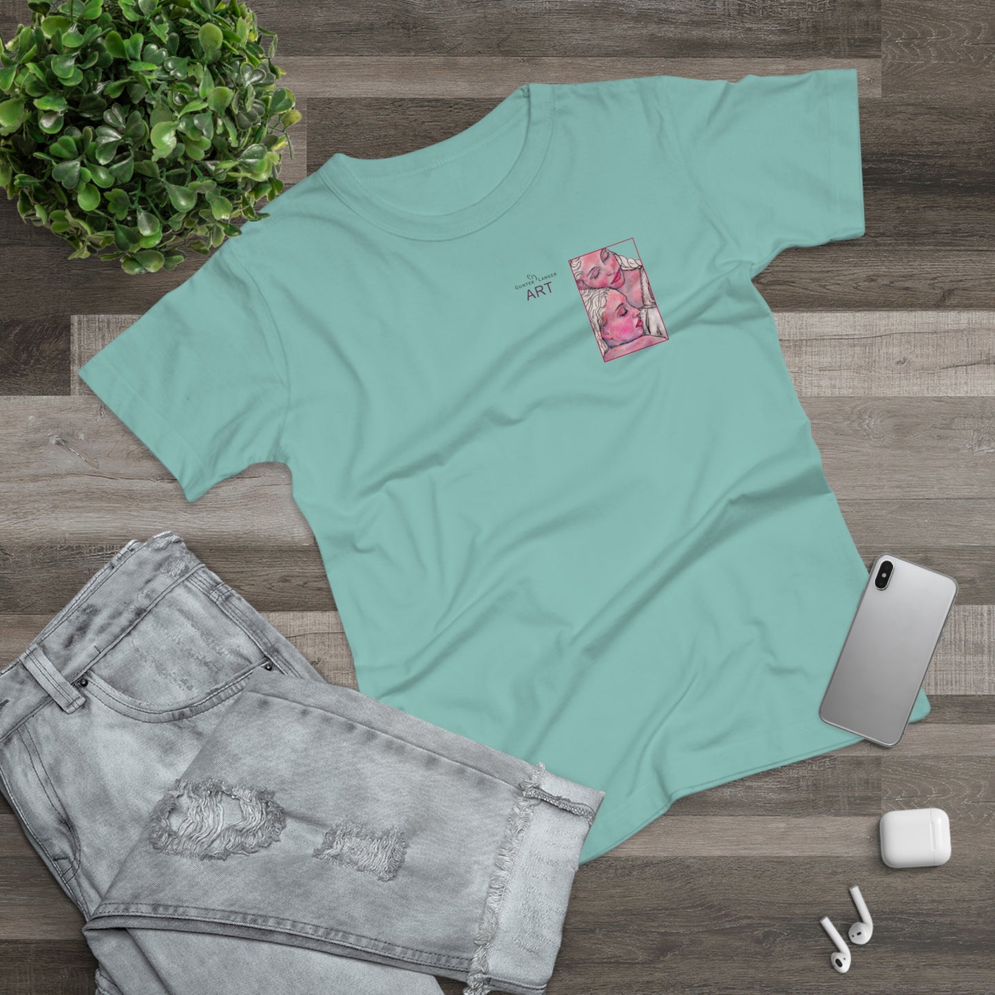 Single Jersey Women's T-shirt - hell - Motiv: Zuflucht, Ausschnitt, H 10 cm